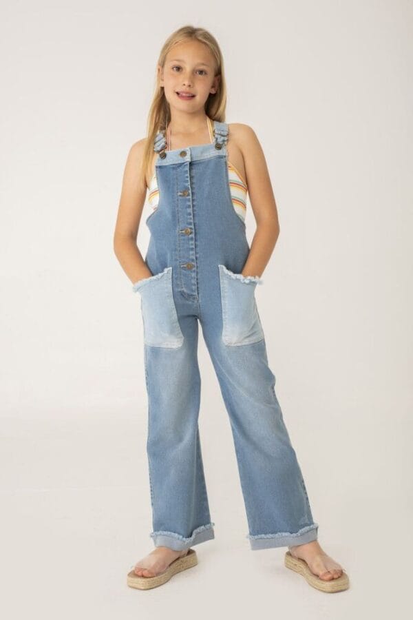 Boboli Spodnie ogrodniczki, kombinezon jeans dla dziewczynki 456049-BLEACH