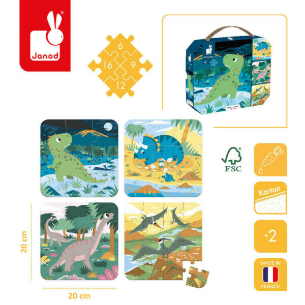 Janod Puzzle progresywne w walizce Dinozaury 4 układanki